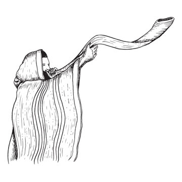 Vector Jewish man in tallit blowing shofar on Yom Kippur and Rosh Hashanah holidays black and white graphic illustration