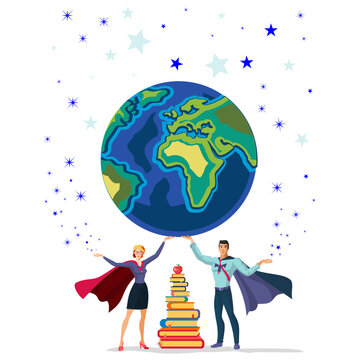 Happy teachers day isolated vector art. Vector illustration of teachers holding the world with their hands.