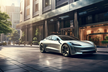 Luxury generic EV car parked outside modern office building