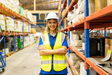 Obraz premium Worker working in large warehouse holding paper chart check list checking the material compare with the boxes wrapped with plastic keep on wooden pallet ready to ship to customer