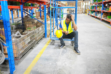 Worker working in large warehouse holding paper chart check list checking the material compare with the boxes wrapped with plastic keep on wooden pallet ready to ship to customer