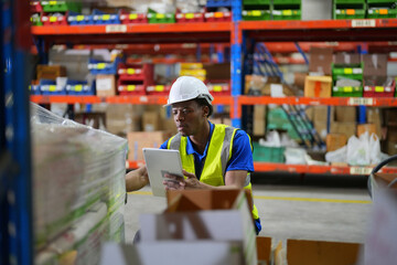 Worker working in large warehouse holding paper chart check list checking the material compare with the boxes wrapped with plastic keep on wooden pallet ready to ship to customer