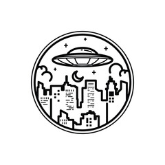 Badge and emblem ufo and city monoline or line art style design
