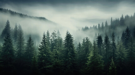 Foggy landscape with spruce forest in haze