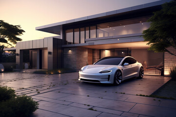 Luxury generic electric car parked outside modern minimalist design house