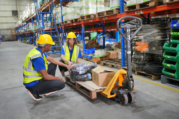 Worker working in large warehouse holding paper chart check list checking the material compare with the boxes wrapped with plastic keep on wooden pallet ready to ship to customer