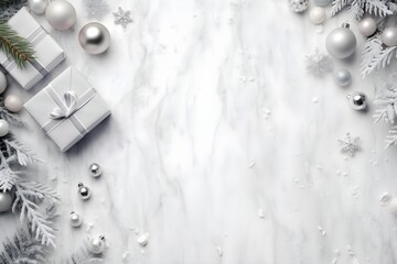 White and Silver Christmas flat lay mockup background with snowflakes and presents