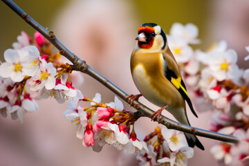 Naklejka premium Eurasian goldfinch Carduelis carduelis sitting on a branch in a cherry tree amongst cherry blossom