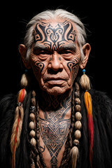 A tribal elder with a face tattoo on black background