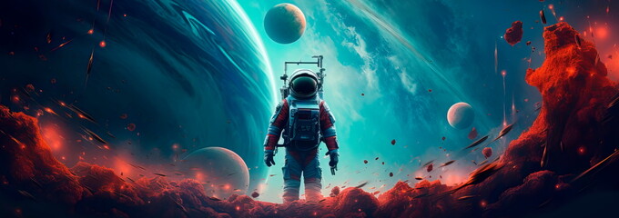 space exploration scene with a gradient background of cosmic colors,
