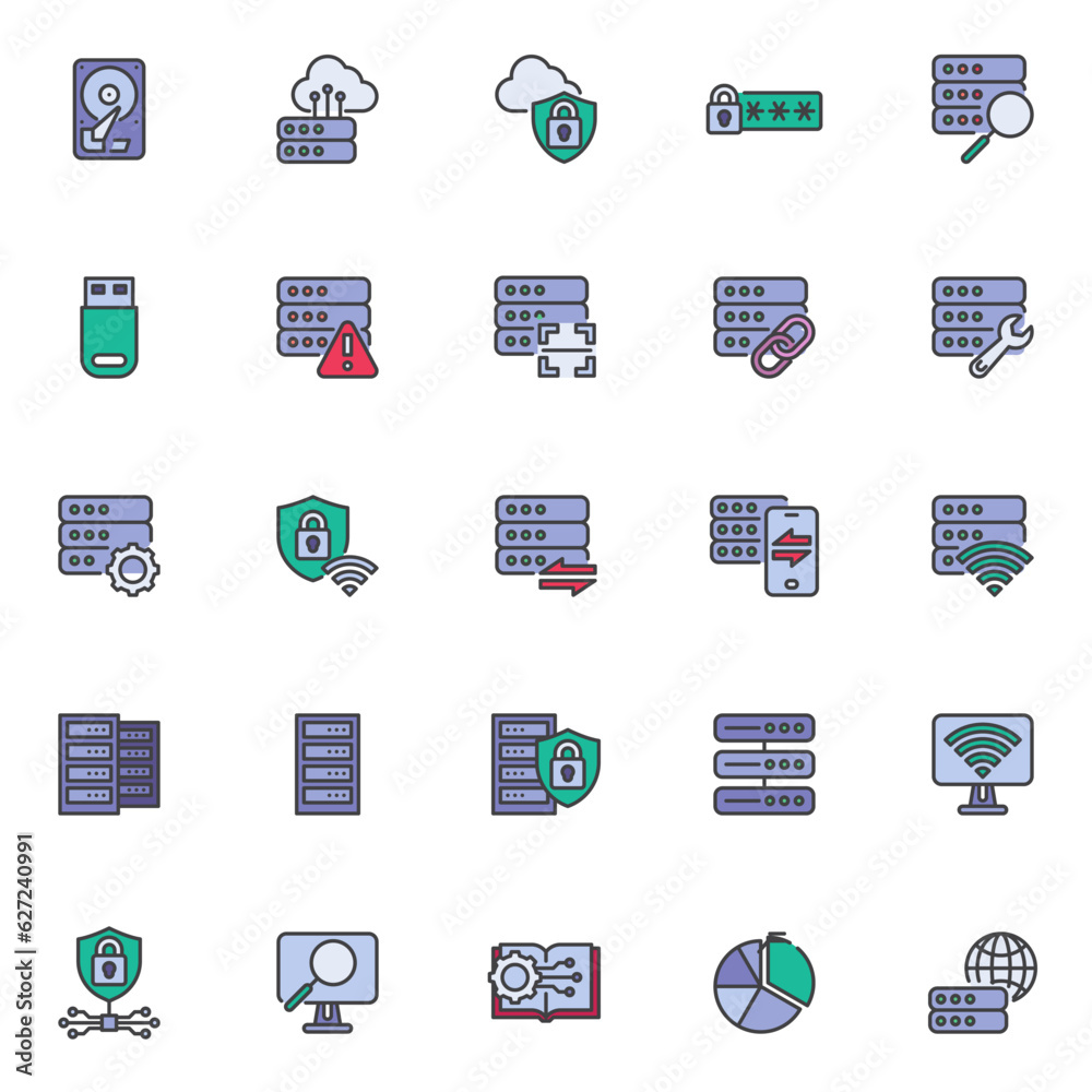 Poster database server filled outline icons set