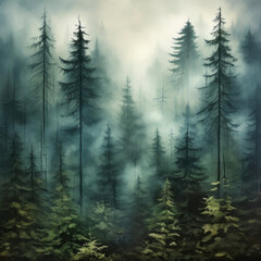 Foggy landscape with spruce forest in hipster vintage retro style