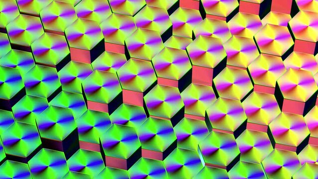 multicolor iridescent background of moving hexagons 3d render seamless loop computer animation
