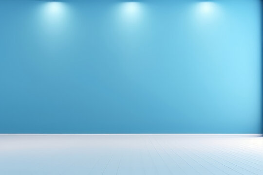 Universal minimalistic blue background for presentation. A light blue wall in the interior with beautiful built-in lighting and a smooth floor. Generative AI. © GustavsMD