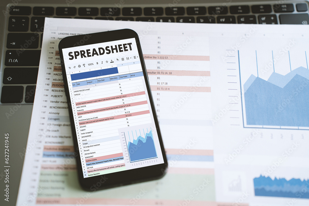 Poster businessman working with data and graphs in spreadsheet documents for online analysis microsoft exce