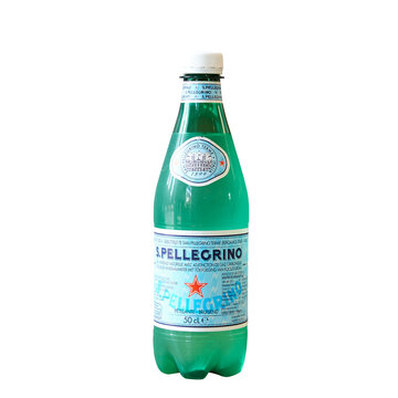 50cl bottle of carbonated drink San Pellegrino on white background,