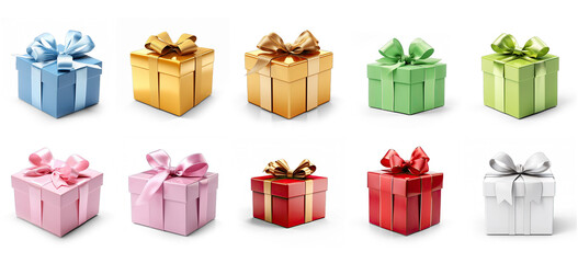 Set of golden, green, white, pink, red, blue gift boxes for christmas isolated on transparent background