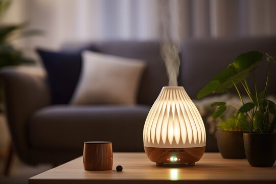 an essential oil diffuser in a living space. Soft light provides a relaxing ambiance, making it a haven for relaxation and tranquility.