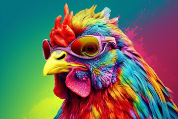 Fototapeta premium Rooster with glasses in psychedelic style
