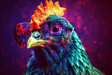 Rooster with glasses in psychedelic style