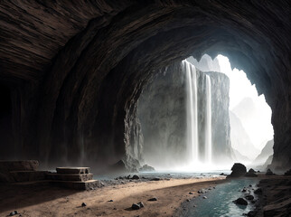 view from the huge stone cave to the beautiful landscapes of the waterfall .AI generated