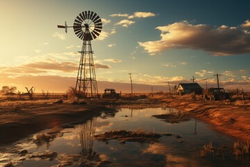 windmill on a ranch in colorado on a summer evening - obrazy, fototapety, plakaty