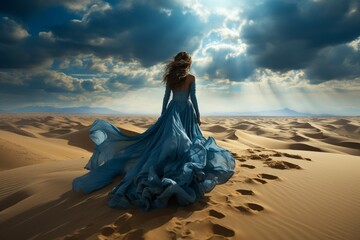Fototapeta na wymiar sensual woman wearing a luxurious blue dress in a warm yellow sand desert