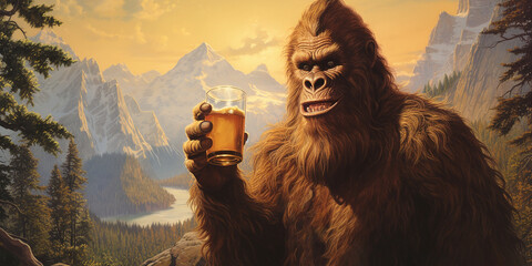 Naklejka premium Sasquatch drinking a cold craft beer with scenic view. Generative AI