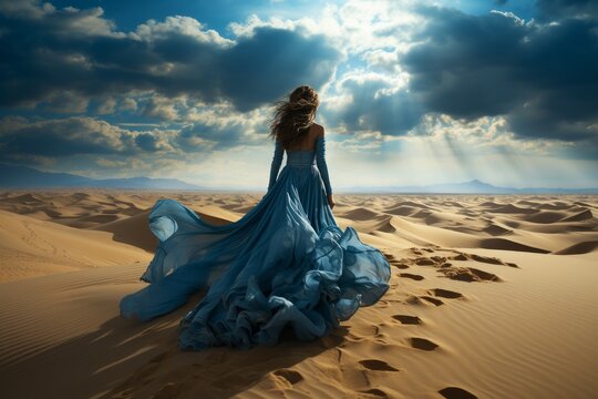 sensual woman wearing a luxurious blue dress in a warm yellow sand desert