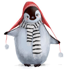 cute penguin with scarf - obrazy, fototapety, plakaty