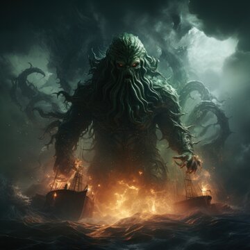 the ancestral creature cthulhu attacking a ship in the middle of a storm at night