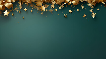 Christmas and New Year festive background. Golden stars confetti and ribbons on emerald background with copy space for text. The concept of Christmas and New Year holidays