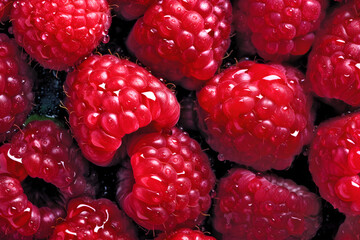 Creative fruits vegetable concept. Fresh raspberry raspberries glistering with water droplet. flat lay top view
