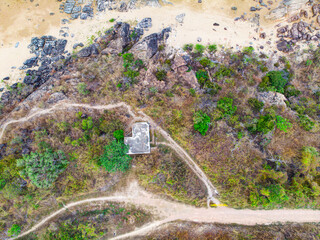aerial drone panorama of cape pallarenda in townsville, north queensland, australia; remainings of...