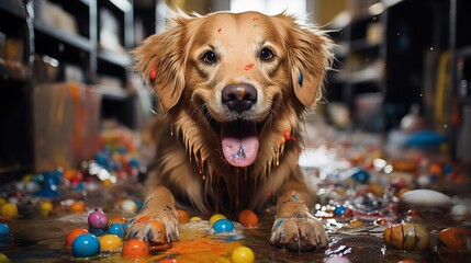 Golden retriever portrait against the backdrop of a mess at home