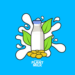 Bottle containing soy milk with leaves, spilled milk and some soybean seeds, with bold text on light blue background to commemorate World Plant Milk Day on August 22