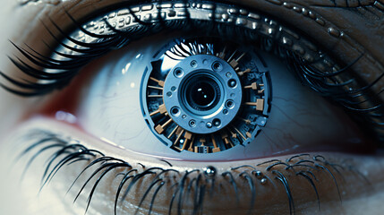 Close up of beautiful robotic blue eye