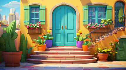 Fototapeta na wymiar Colorful vivid house with door