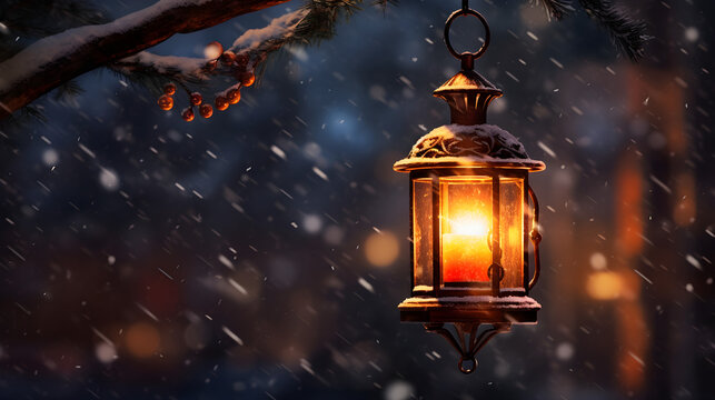 Glowing Lantern Hanging on Shepherd's Hook in a Snowy Winter Evening