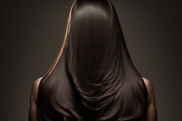 Back view of woman with long brown straight hair on dark background. Dyeing and hair care. Generative AI - obrazy, fototapety, plakaty