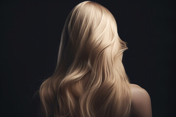 Fototapeta premium Back view of woman with long beautiful blond hair on dark background. Dyeing and hair care. Generative AI