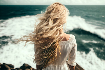 Back view beautiful slim girl with long flowing blond hair in the wind against the background of...