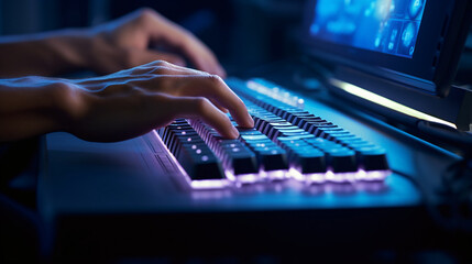A visually stunning close-up of the programmer's hands typing on a sleek, backlit mechanical keyboard. Generative AI