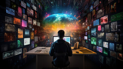 An immersive shot of the programmer's back, surrounded by digital art installations inspired by coding concepts. Generative AI