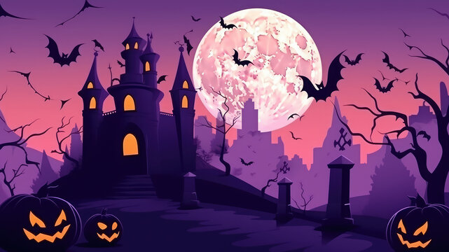 Happy halloween wide banner or party invitation orange purple blue background with violet fog clouds sky, bats, cats, castle house, tombstone and scary pumpkins. Halloween sale. Generative AI