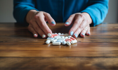 Female hand with blue and white pills on wooden table