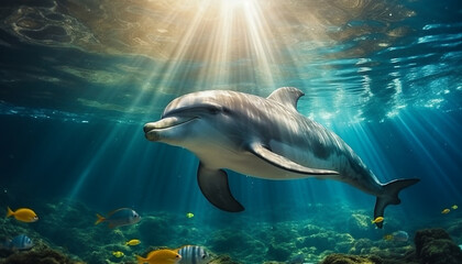 underwater world dolphin at the bottom of the ocean close up sunlight shine through water made with Generative AI