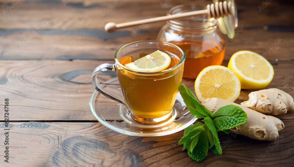 Wall mural A glass cup of tea with lemon, mint, ginger and honey on wooden rustic table.