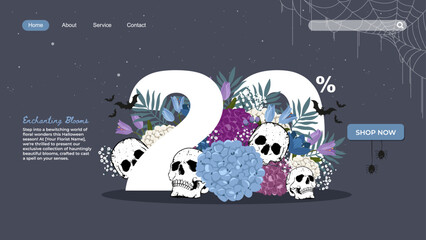 halloween theme for florist sale banner template with beautiful flowers and skull