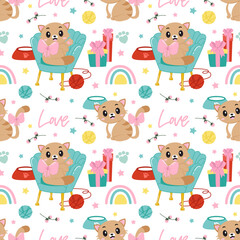 Fototapeta premium white seamless pattern with cute cats. It can be used for textile, wallpaper, wrapping